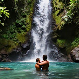 Caribbean Holidays, December Honeymoons, Couple visiting a lush waterfall and tropical rainforest in Grenada, green foliage, clear pool and natural sunlight