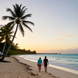 Caribbean Holidays, December Honeymoons, Couple walking along a quiet Jamaican beach at sunset in December, turquoise sea and palm trees