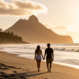 Caribbean Holidays, December Honeymoons, Couple walking hand in hand along a quiet Caribbean beach on Montserrat at sunset, with volcanic hills in the distance