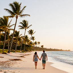 Caribbean Holidays, December Honeymoons, Couple walking hand in hand along a quiet palm-fringed beach in Punta Cana at golden hour