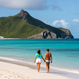Caribbean Holidays, December Honeymoons, Couple walking hand in hand along Gouverneur Beach in Saint Barth&eacute;lemy, clear turquoise water and rugged green hills