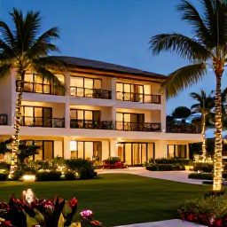 Caribbean Holidays, December Honeymoons, Elegant Barbados resort decorated for Christmas, tropical garden, subtle festive lights and warm evening atmosphere
