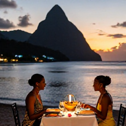 Caribbean Holidays, December Honeymoons, Elegant beachfront dinner for two in Saint Lucia, candlelit table, fresh seafood and sunset over the Caribbean Sea