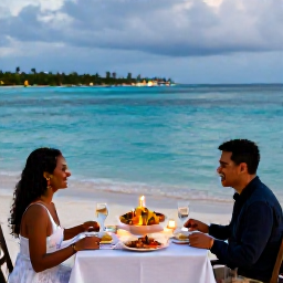 Caribbean Holidays, December Honeymoons, Elegant beachfront honeymoon dinner for two in Tobago with candles, fresh seafood and a calm turquoise sea