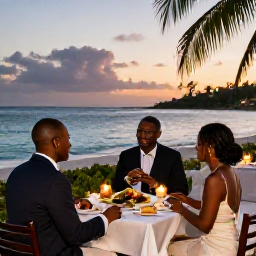 Caribbean Holidays, December Honeymoons, Elegant beachfront honeymoon dinner in Jamaica with candles, tropical food and ocean sunset