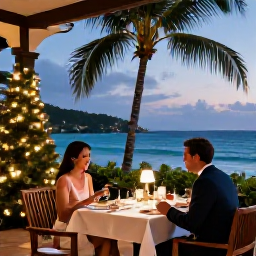 Caribbean Holidays, December Honeymoons, Elegant but relaxed Caribbean resort terrace decorated for Christmas, couple enjoying dinner with palm trees and ocean views in Saint Vincent and the Grenadines