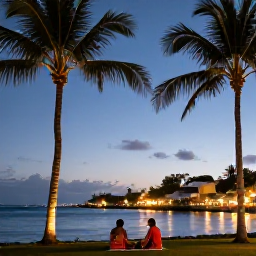 Caribbean Holidays, December Honeymoons, Festive Martinique waterfront at dusk with palm trees, warm lights and a couple enjoying a December holiday atmosphere