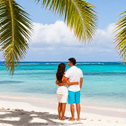 Caribbean Holidays, December Honeymoons, Happy honeymoon couple on a Martinique beach with bright blue sea, palm trees and relaxed tropical holiday mood