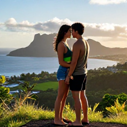 Caribbean Holidays, December Honeymoons, Happy honeymoon couple overlooking Montserrat's coastline from a scenic viewpoint in warm afternoon light
