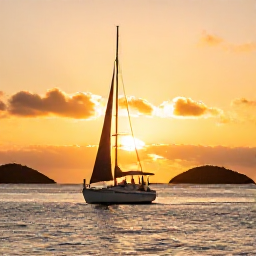 Caribbean Holidays, December Honeymoons, Honeymoon couple sailing at sunset around Saint Barth&eacute;lemy, golden sky, calm sea and distant islands