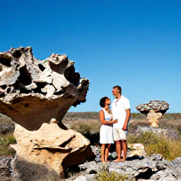 Caribbean Holidays, December Honeymoons, Newlywed couple exploring Aruba&rsquo;s rugged north coast near natural rock formations, with bright blue sky and dry tropical landscape