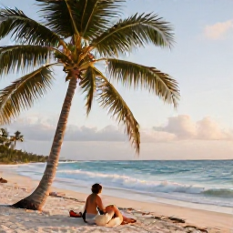 Caribbean Holidays, December Honeymoons, Newlywed couple relaxing on a quiet Caribbean beach beneath palm trees, with gentle waves and golden afternoon light