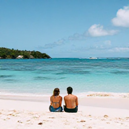 Caribbean Holidays, December Honeymoons, Newlywed couple relaxing on a quiet Saint Barth&eacute;lemy beach in warm December sunshine, turquoise sea and soft white sand