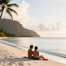 Caribbean Holidays, December Honeymoons, Newlywed couple relaxing on a secluded Montserrat beach with calm turquoise water, palm trees and soft morning light
