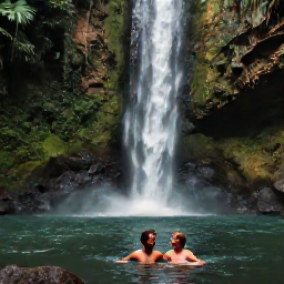 Caribbean Holidays, December Honeymoons, Newlywed couple swimming beneath a Jamaican waterfall surrounded by tropical forest