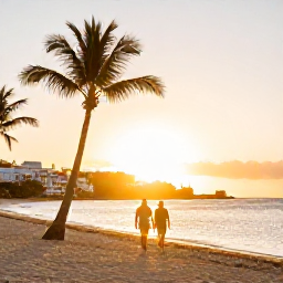 Caribbean Holidays, December Honeymoons, Newlywed couple walking along a palm-fringed Caribbean beach at sunset on Saint Martin, warm December light