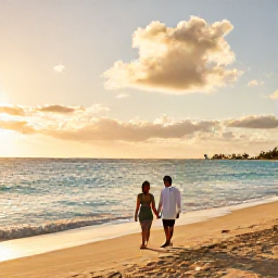 Caribbean Holidays, December Honeymoons, Newlywed couple walking hand in hand along a quiet Barbados beach at sunset, warm tropical light and calm turquoise sea