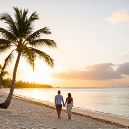 Caribbean Holidays, December Honeymoons, Newlywed couple walking hand in hand along a quiet Caribbean beach at sunset on Saint Kitts, palm trees and calm turquoise water