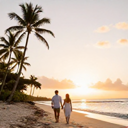 Caribbean Holidays, December Honeymoons, Newlywed couple walking hand in hand along a quiet Martinique beach at sunset, tropical sea and palm trees