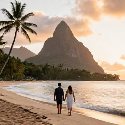 Caribbean Holidays, December Honeymoons, Newlywed couple walking hand in hand along a quiet Saint Lucia beach at sunset, with palm trees and the Pitons in the distance