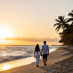 Caribbean Holidays, December Honeymoons, Newlyweds walking hand in hand along a quiet Trinidad and Tobago beach at sunset, warm Caribbean light