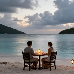 Caribbean Holidays, December Honeymoons, Romantic beachfront dinner for two beneath soft lantern light in the United States Virgin Islands, with a calm sea beyond