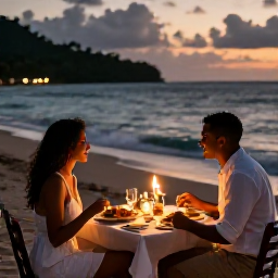 Caribbean Holidays, December Honeymoons, Romantic beachfront dinner for two in Grenada at dusk, candles, local cuisine, gentle waves and warm evening light