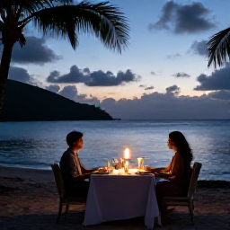 Caribbean Holidays, December Honeymoons, Romantic beachfront dinner for two in the British Virgin Islands, softly lit table, calm sea and tropical evening sky