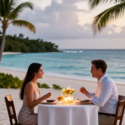 Caribbean Holidays, December Honeymoons, Romantic beachfront dinner for two with candles, tropical flowers and a calm Caribbean sea