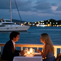 Caribbean Holidays, December Honeymoons, Romantic candlelit dinner for two at a Saint Barth&eacute;lemy harbour restaurant, yachts and warm evening lights