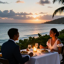 Caribbean Holidays, December Honeymoons, Romantic Caribbean dinner for two on a hotel terrace in Saint Kitts, with candles, local dishes and a sunset sea view
