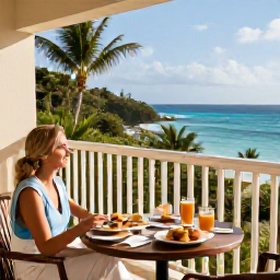 Caribbean Holidays, December Honeymoons, Romantic Caribbean resort balcony with breakfast for two, tropical garden and ocean view in morning sunshine