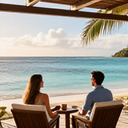 Caribbean Holidays, December Honeymoons, Romantic couple relaxing on a stylish beachfront terrace in Martinique, with turquoise water and gentle morning light