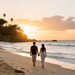 Caribbean Holidays, December Honeymoons, Romantic couple walking hand in hand along a secluded Caribbean beach at sunset on St John