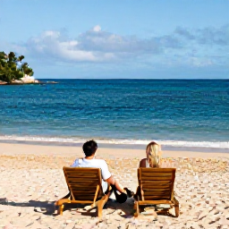Caribbean Holidays, December Honeymoons, Romantic golden-sand beach on Nevis with two sun loungers, clear Caribbean water and a couple enjoying a peaceful afternoon