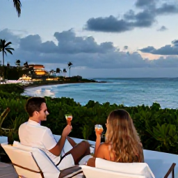 Caribbean Holidays, December Honeymoons, Romantic luxury hotel terrace overlooking a Caribbean bay at twilight, couple relaxing with drinks in December