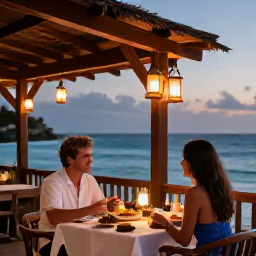 Caribbean Holidays, December Honeymoons, Romantic open-air restaurant in Barbados at dusk, couple dining beside the sea with lanterns and local Caribbean dishes