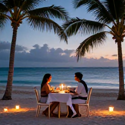 Caribbean Holidays, December Honeymoons, Romantic outdoor dinner for two beside an Aruba beach at dusk, with candles, tropical surroundings and a softly lit ocean view