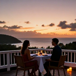 Caribbean Holidays, December Honeymoons, Romantic outdoor dinner for two on a Montserrat terrace, with Caribbean sunset, candles and distant sea views