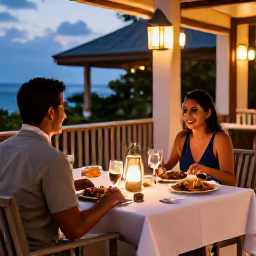 Caribbean Holidays, December Honeymoons, Romantic outdoor table at a refined Caribbean restaurant in Grand Case, lanterns glowing and seafood dinner being served
