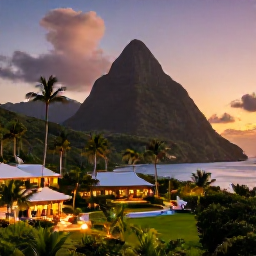 Caribbean Holidays, December Honeymoons, Romantic Saint Lucia resort at dusk with warm lights, palm trees, lush hills and the Caribbean Sea