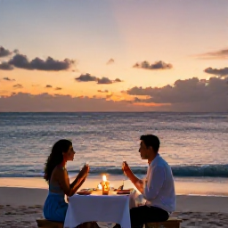 Caribbean Holidays, December Honeymoons, Romantic sunset dinner for two on a Dominican Republic beach with candles and gentle waves