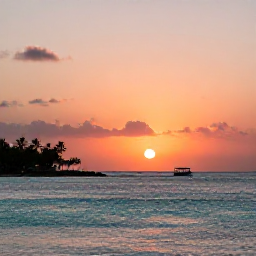 Caribbean Holidays, December Hotspots, A Caribbean sunset over calm turquoise sea with a small boat, palm silhouettes and warm orange and pink skies