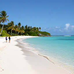 Caribbean Holidays, December Hotspots, A secluded Caribbean cove with white sand, clear turquoise water, palm trees and a couple taking photographs