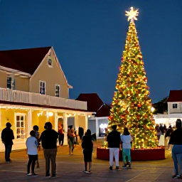 Caribbean Holidays, December in Aruba, Aruban Christmas decorations and traditional festive scene in Oranjestad, with twinkling lights, local architecture and families enjoying the evening