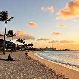 Caribbean Holidays, December in Aruba, Golden sandy beach in Aruba at sunset, with calm turquoise water, palm trees and travellers enjoying a peaceful December evening