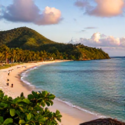 Caribbean Holidays, December Instagram Hotspots, A panoramic view of Maracas Bay in Trinidad at golden hour, turquoise sea, green hills and a sandy beach with a few visitors taking photographs