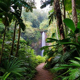 Caribbean Holidays, December Instagram Hotspots, A scenic photograph of Trinidad&rsquo;s Northern Range rainforest with a clear trail, tropical foliage and a small waterfall in soft morning light