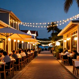 Caribbean Holidays, December Instagram Hotspots, A stylish December evening in Gustavia, Saint Barth&eacute;lemy, with decorated streets, warm restaurant lights and people dining outdoors