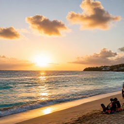 Caribbean Holidays, December Instagram Hotspots, A sweeping sunset view from Shell Beach in Saint Barth&eacute;lemy, with calm turquoise sea, golden sand and people enjoying the shore